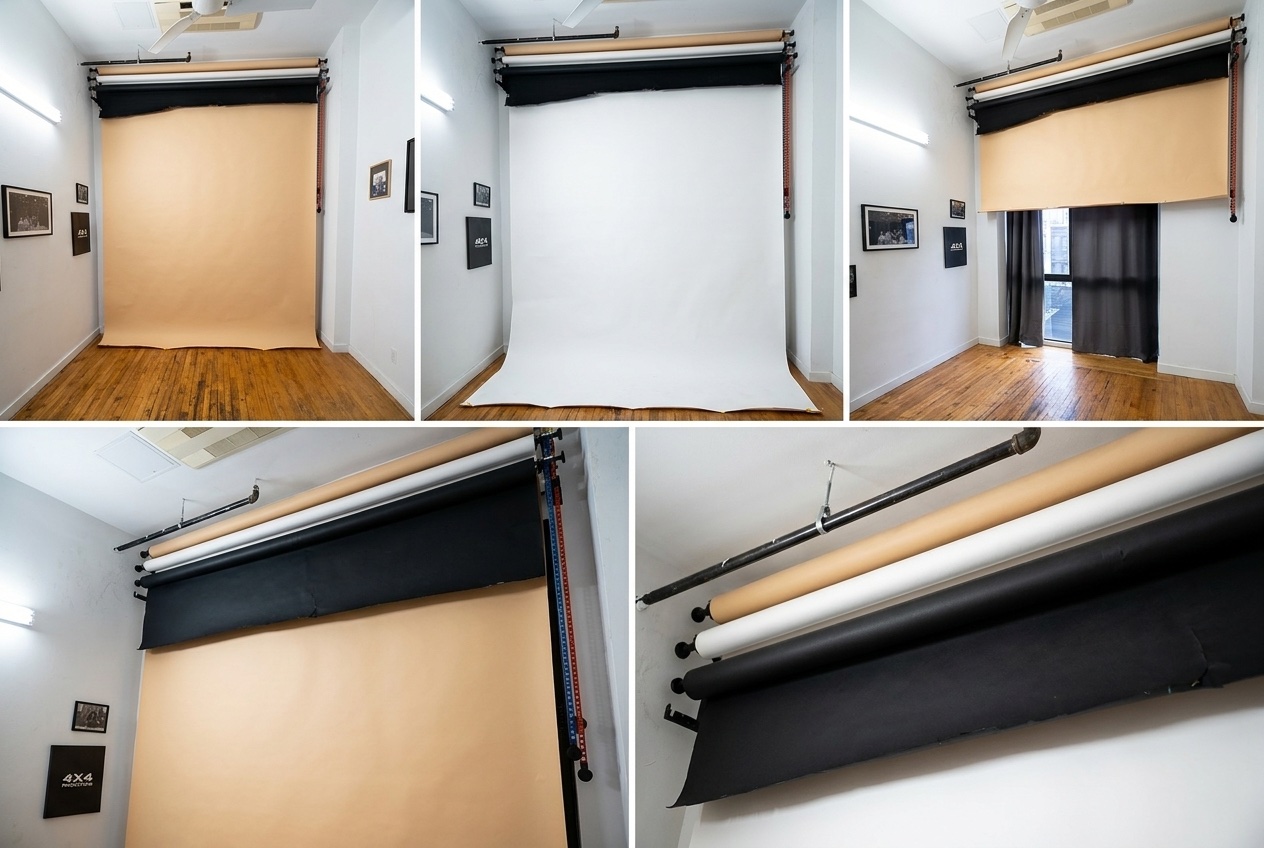 Backdrop paper roll system — tan, white, and black